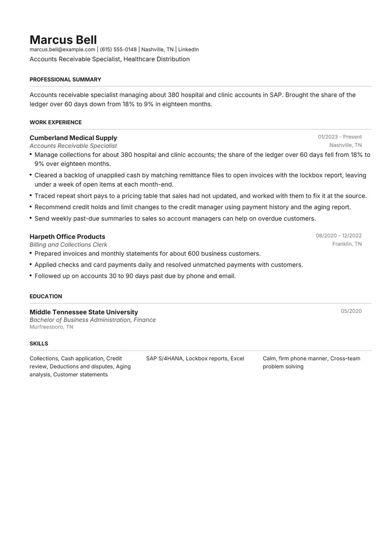 Accounts Receivable Specialist resume template sample in Henrietta, page 1: fictional Accounts Receivable Specialist, Healthcare Distribution