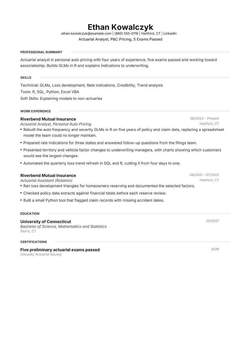 Actuary resume template sample in Meridian, page 1: fictional Actuarial Analyst, P&C Pricing, 5 Exams Passed