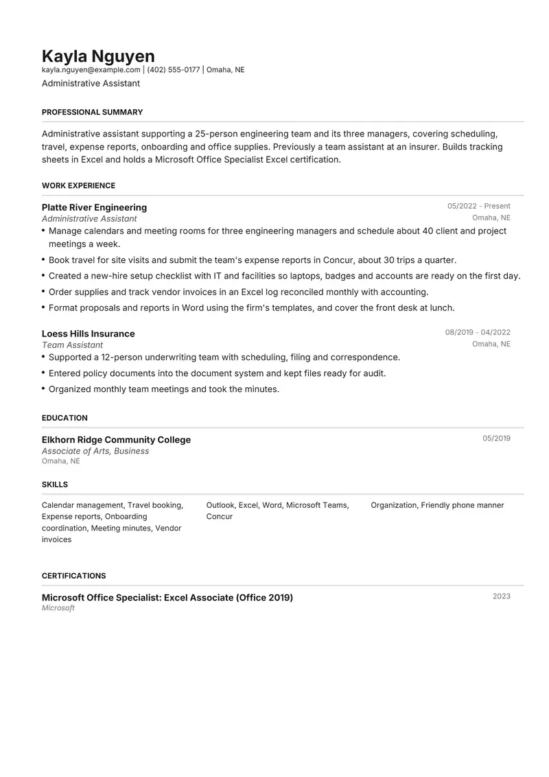 Administrative Assistant resume template sample in Henrietta, page 1: fictional Administrative Assistant