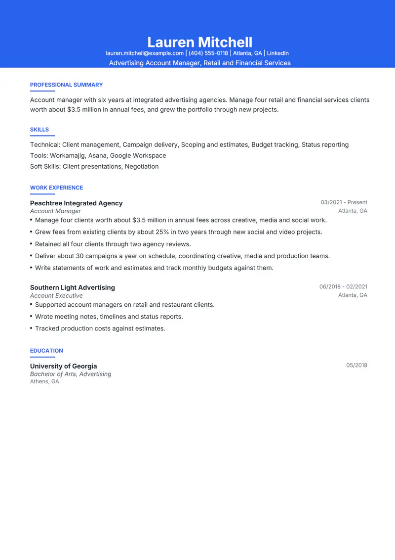 Advertising Account Manager resume template sample in Olivia, page 1: fictional Advertising Account Manager, Retail and Financial Services