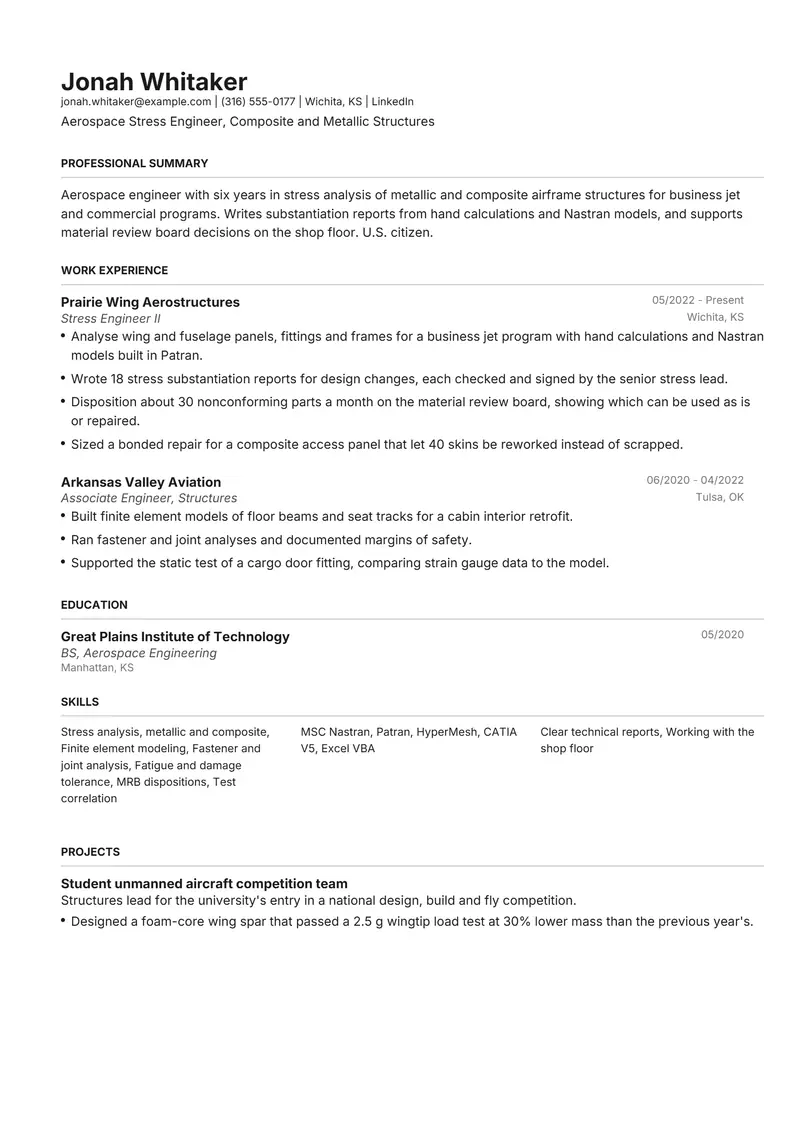 Aerospace Engineer resume template sample in Henrietta, page 1: fictional Aerospace Stress Engineer, Composite and Metallic Structures