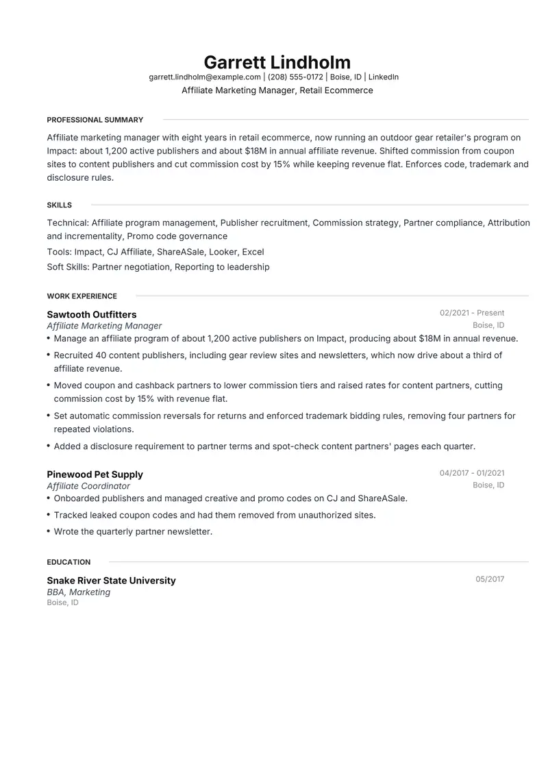 Affiliate Marketing Manager resume template sample in Meridian, page 1: fictional Affiliate Marketing Manager, Retail Ecommerce