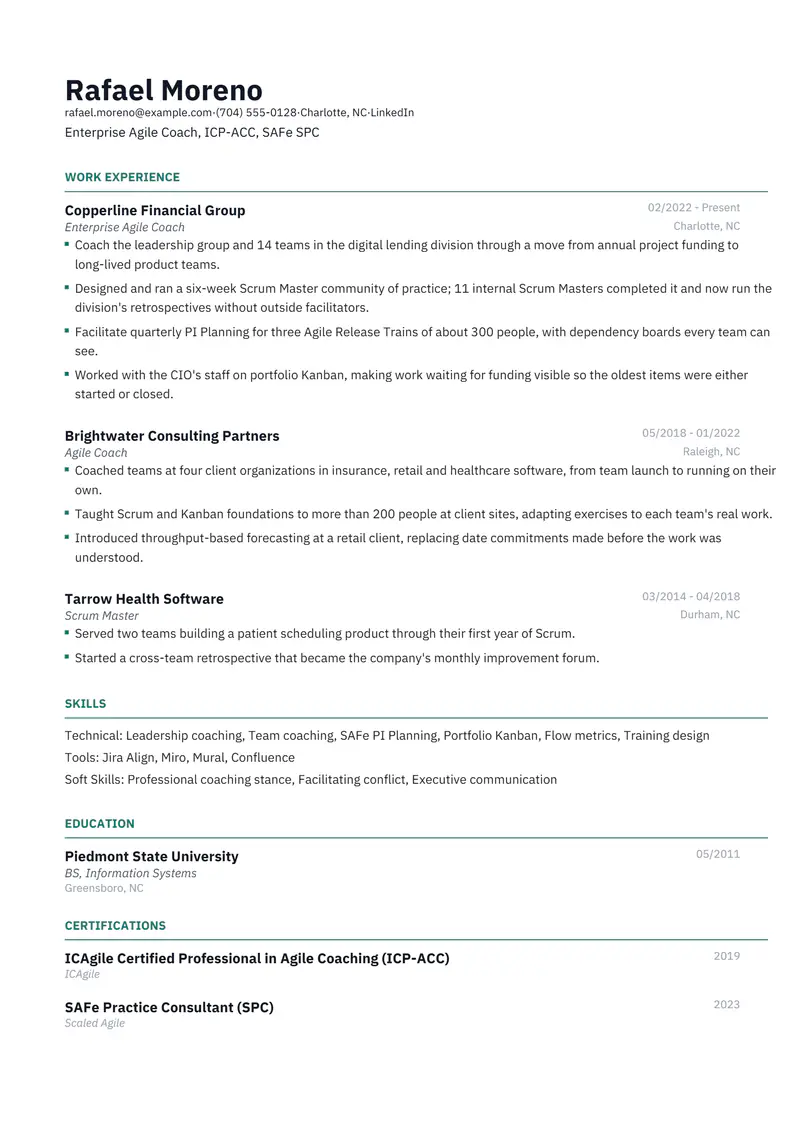 Agile Coach resume template sample in Catalyst, page 1: fictional Enterprise Agile Coach, ICP-ACC, SAFe SPC