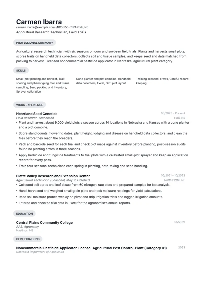 Agricultural Technician resume template sample in Daniel, page 1: fictional Agricultural Research Technician, Field Trials