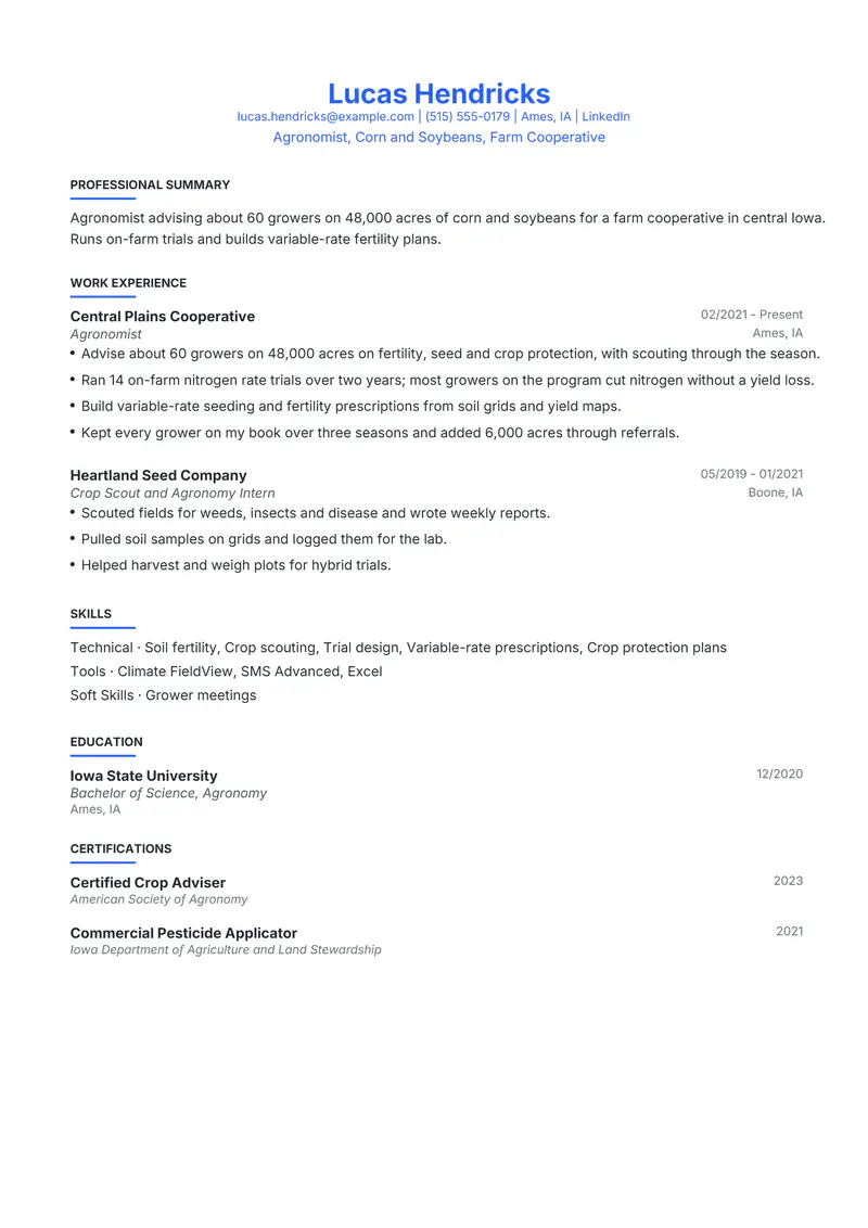 Agronomist resume template sample in Leslie, page 1: fictional Agronomist, Corn and Soybeans, Farm Cooperative