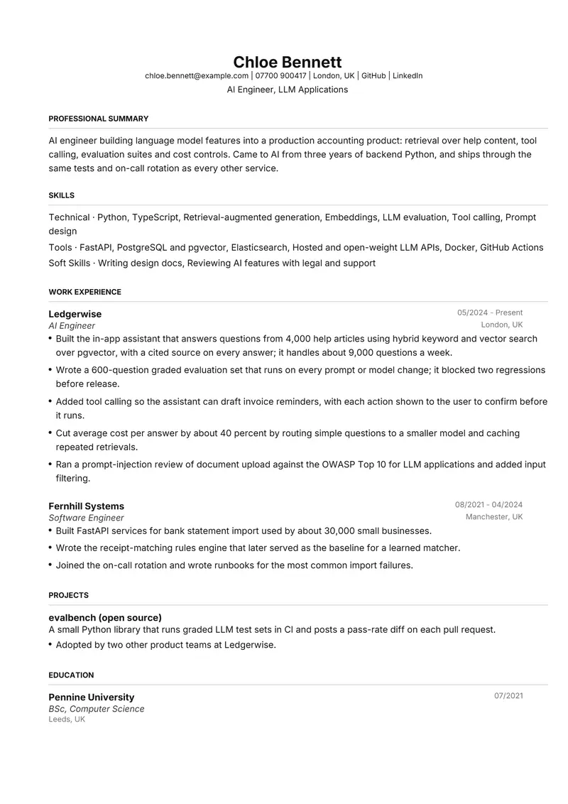 AI Engineer resume template sample in FAANGPath, page 1: fictional AI Engineer, LLM Applications