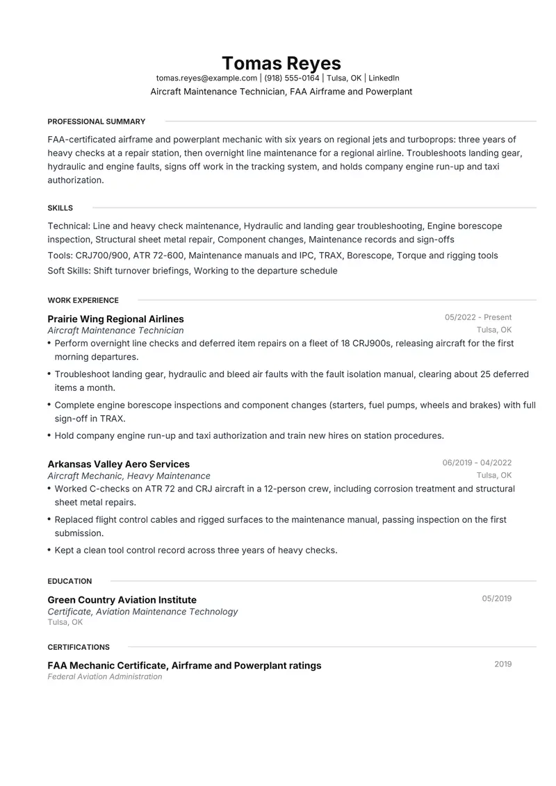 Aircraft Mechanic resume template sample in Meridian, page 1: fictional Aircraft Maintenance Technician, FAA Airframe and Powerplant