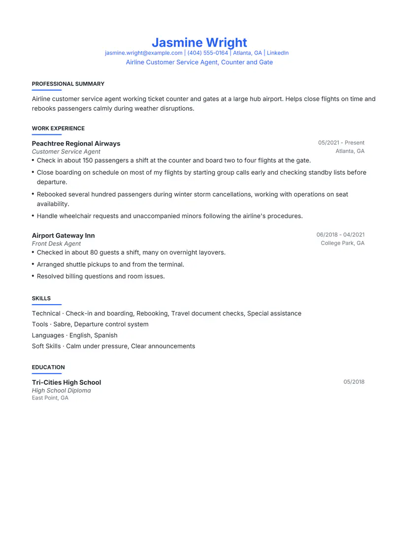 Airline Customer Service Agent resume template sample in Leslie, page 1: fictional Airline Customer Service Agent, Counter and Gate