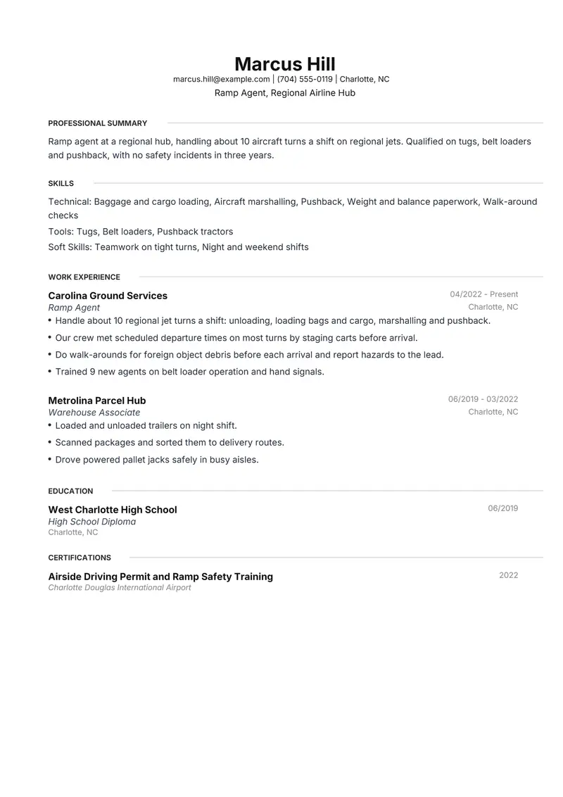 Airport Ground Staff resume template sample in Meridian, page 1: fictional Ramp Agent, Regional Airline Hub
