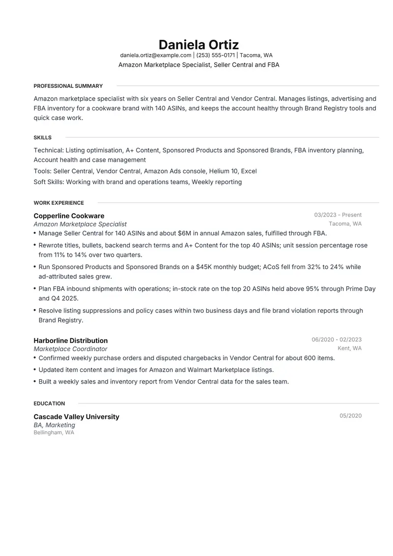 Amazon Marketplace Specialist resume template sample in Meridian, page 1: fictional Amazon Marketplace Specialist, Seller Central and FBA