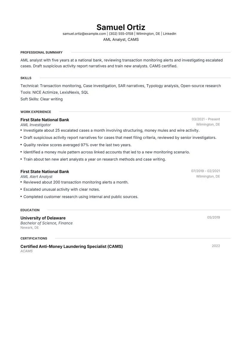 AML Analyst resume template sample in Meridian, page 1: fictional AML Analyst, CAMS