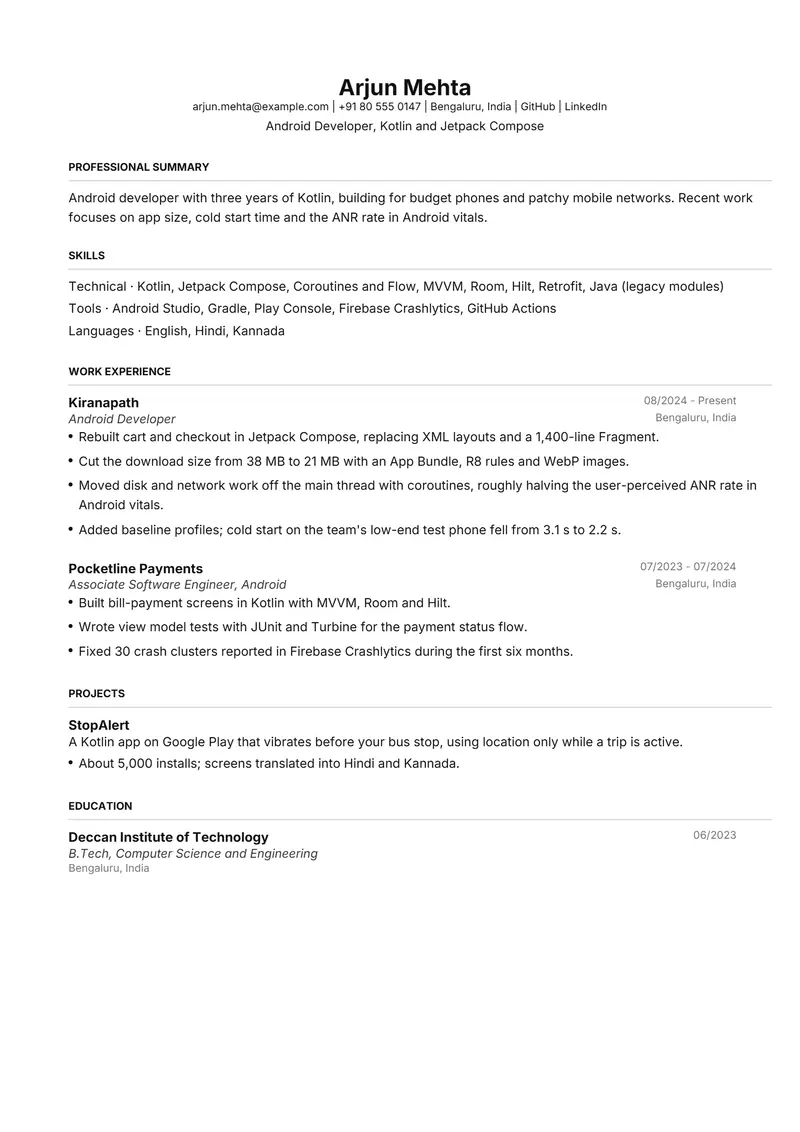 Android Developer resume template sample in FAANGPath, page 1: fictional Android Developer, Kotlin and Jetpack Compose
