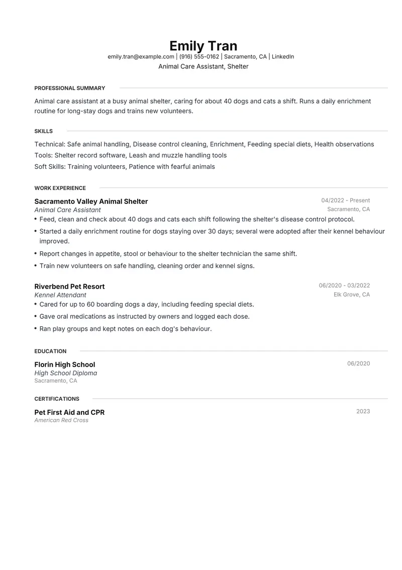 Animal Care Assistant resume template sample in Meridian, page 1: fictional Animal Care Assistant, Shelter