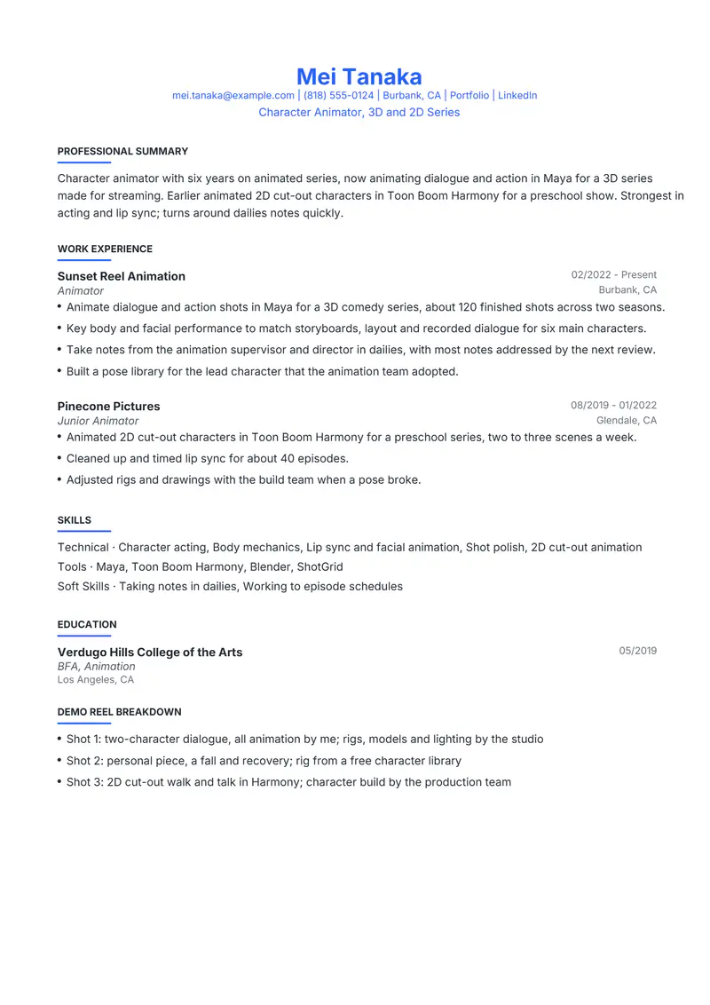Animation Artist resume template sample in Leslie, page 1: fictional Character Animator, 3D and 2D Series