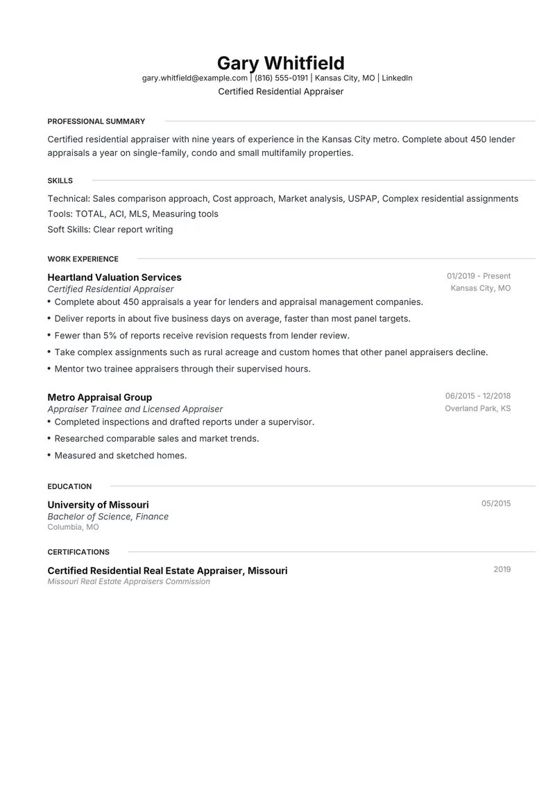 Appraiser resume template sample in Meridian, page 1: fictional Certified Residential Appraiser