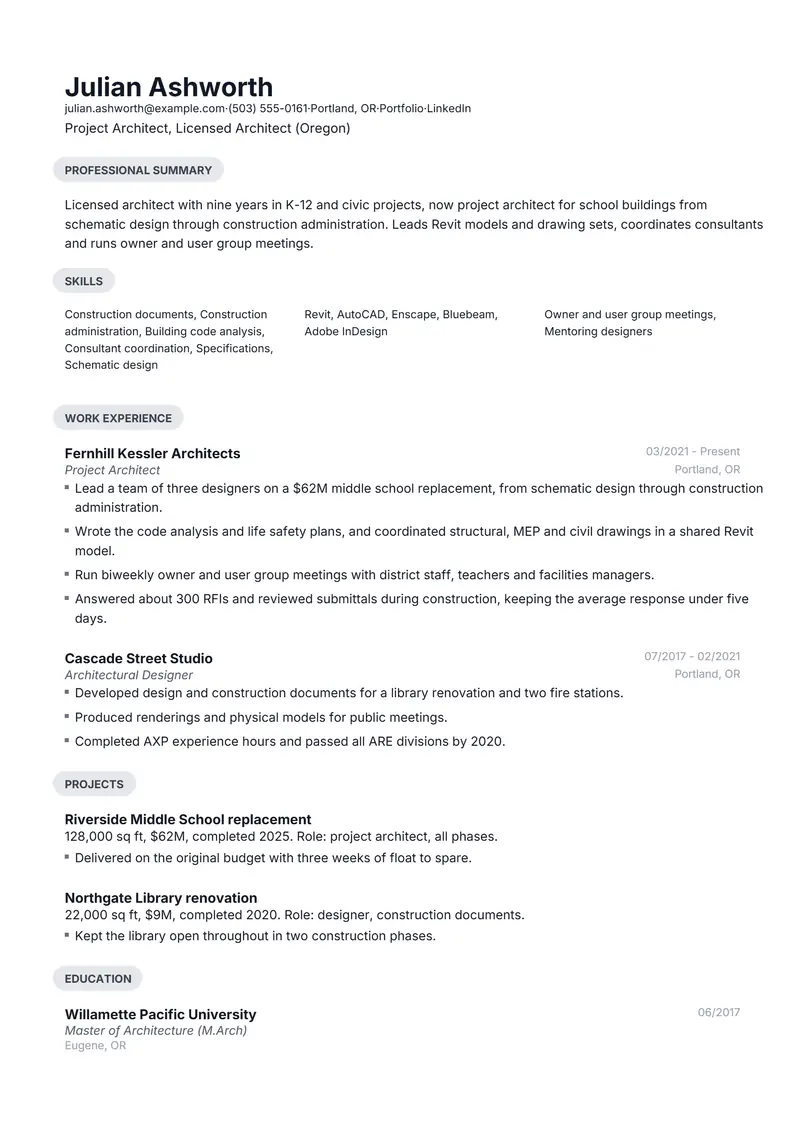 Architect resume template sample in Daniel, page 1: fictional Project Architect, Licensed Architect (Oregon)