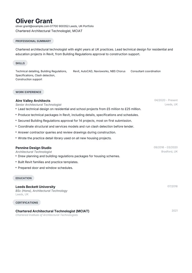 Architectural Technologist resume template sample in Daniel, page 1: fictional Chartered Architectural Technologist, MCIAT
