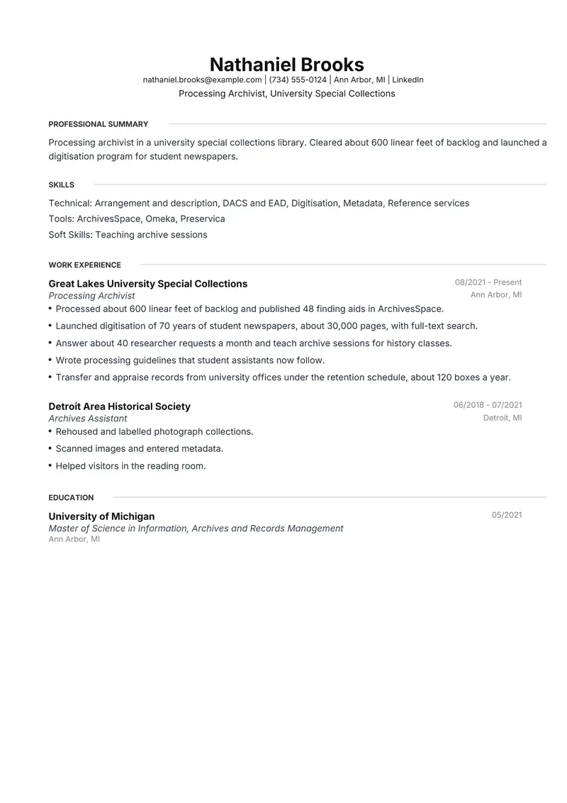 Archivist resume template sample in Meridian, page 1: fictional Processing Archivist, University Special Collections