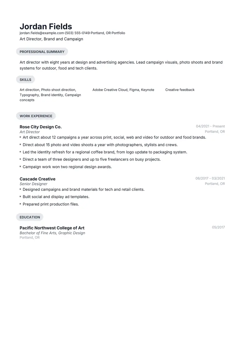 Art Director resume template sample in Daniel, page 1: fictional Art Director, Brand and Campaign