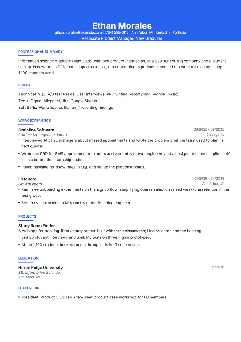 Associate Product Manager resume template sample in Olivia, page 1: fictional Associate Product Manager, New Graduate