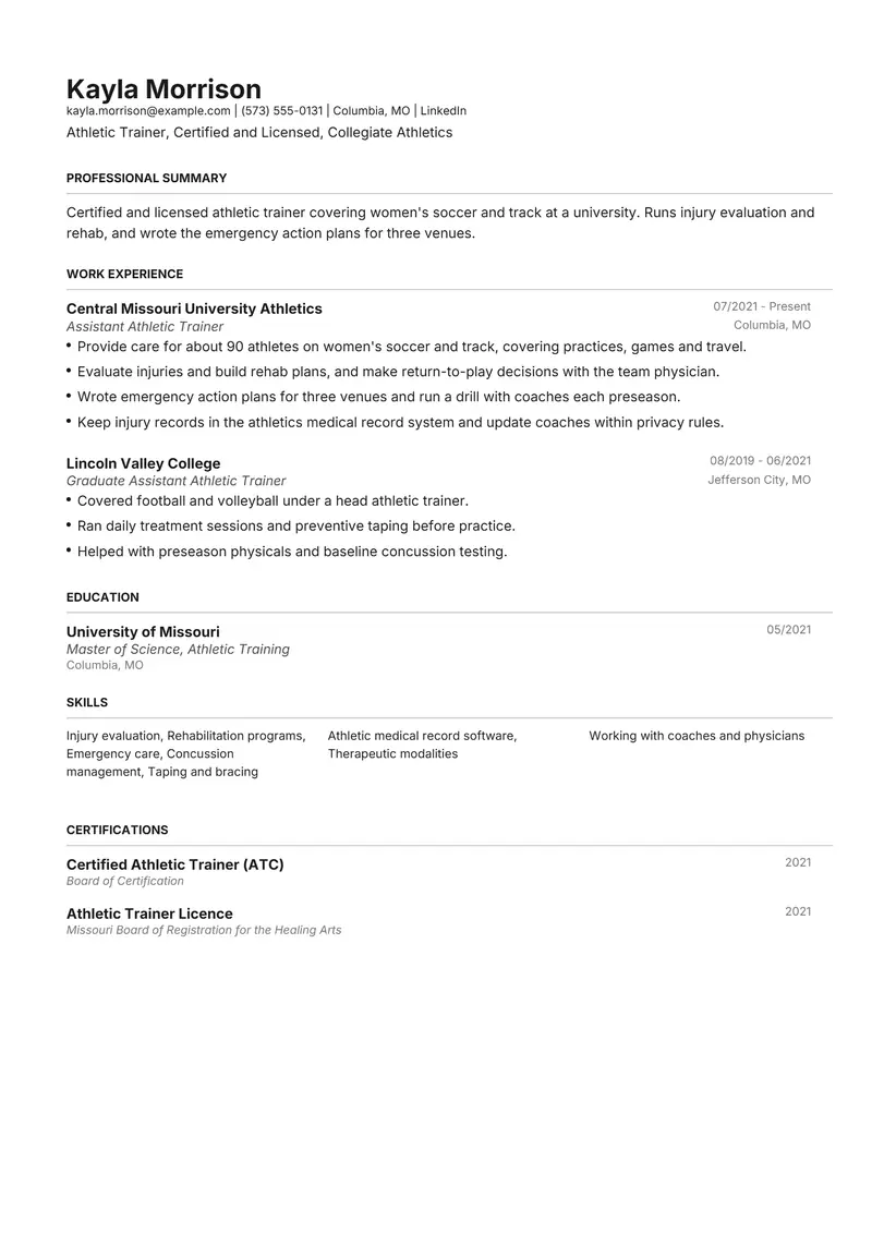 Athletic Trainer resume template sample in Henrietta, page 1: fictional Athletic Trainer, Certified and Licensed, Collegiate Athletics