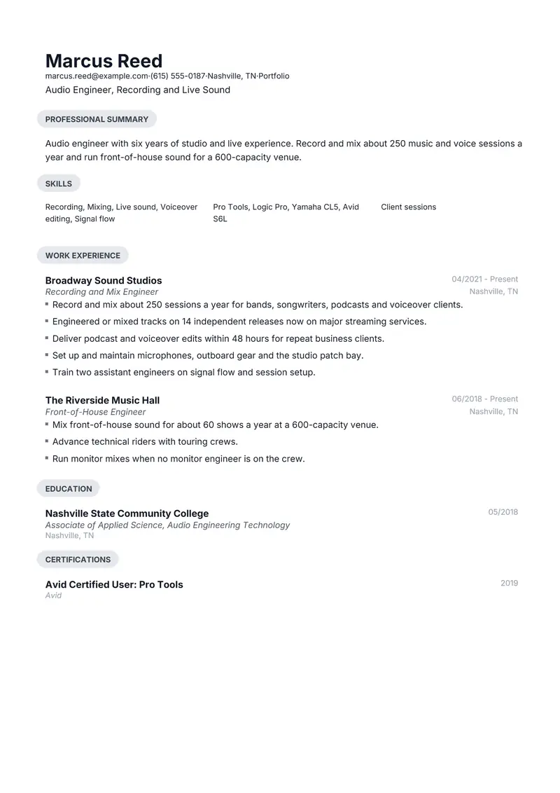 Audio Engineer resume template sample in Daniel, page 1: fictional Audio Engineer, Recording and Live Sound