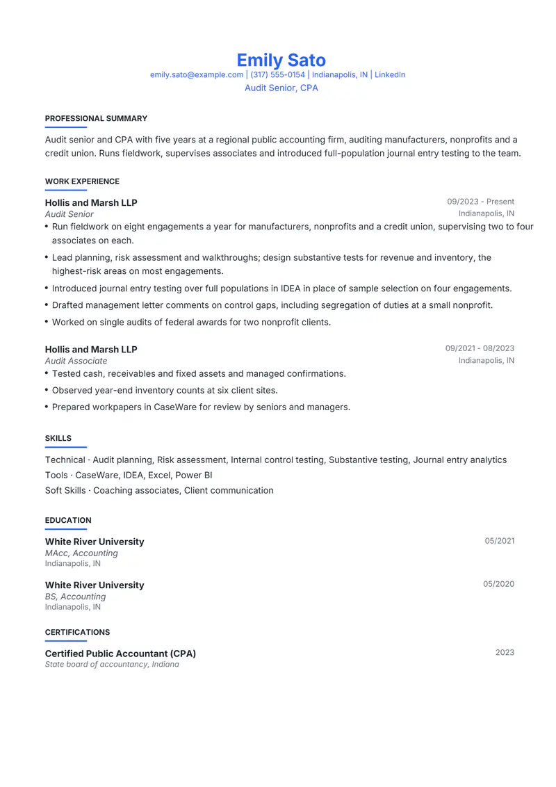 Auditor resume template sample in Leslie, page 1: fictional Audit Senior, CPA