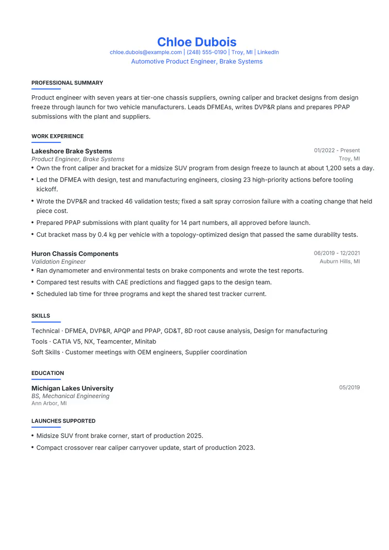 Automotive Engineer resume template sample in Leslie, page 1: fictional Automotive Product Engineer, Brake Systems