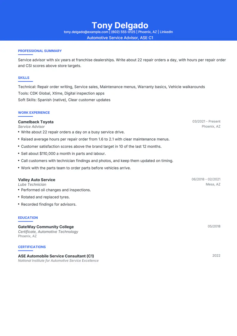Automotive Service Advisor resume template sample in Olivia, page 1: fictional Automotive Service Advisor, ASE C1