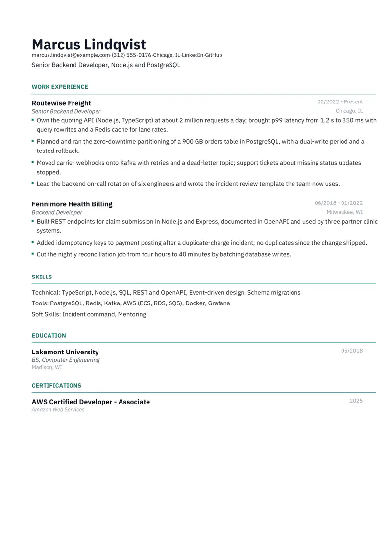 Backend Developer resume template sample in Catalyst, page 1: fictional Senior Backend Developer, Node.js and PostgreSQL