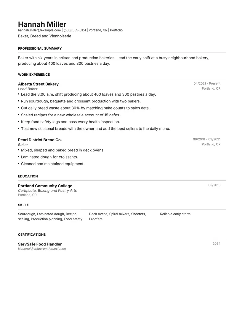 Baker resume template sample in Henrietta, page 1: fictional Baker, Bread and Viennoiserie