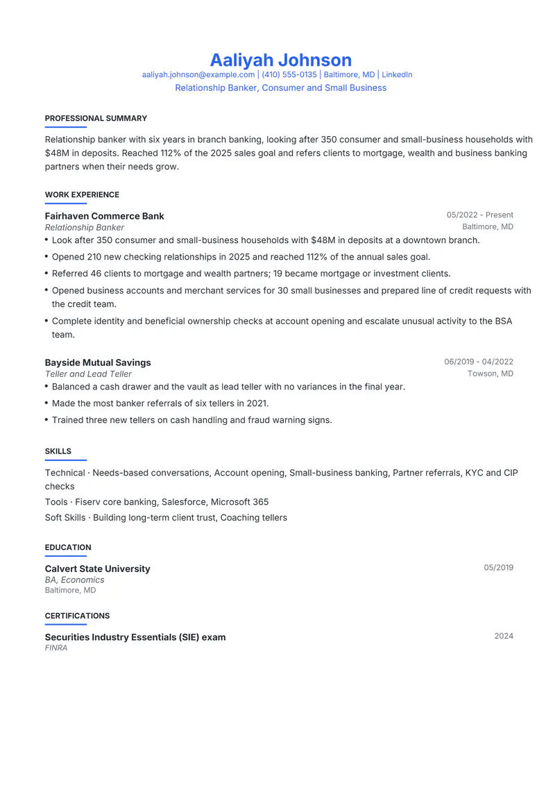 Banker resume template sample in Leslie, page 1: fictional Relationship Banker, Consumer and Small Business