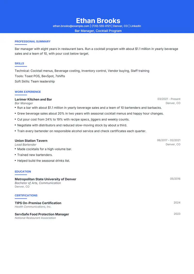 Bar Manager resume template sample in Olivia, page 1: fictional Bar Manager, Cocktail Program