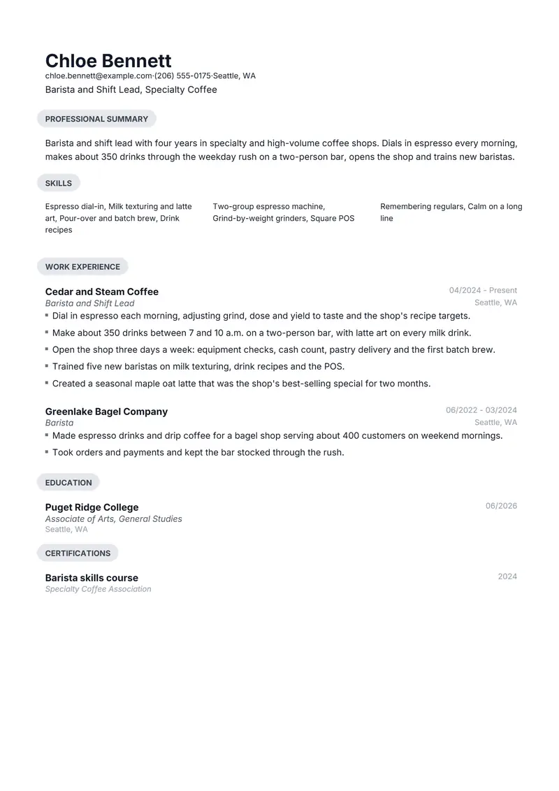Barista resume template sample in Daniel, page 1: fictional Barista and Shift Lead, Specialty Coffee