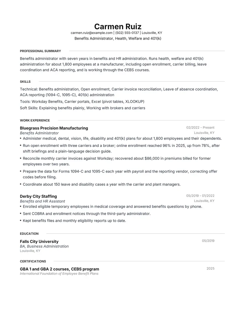 Benefits Administrator resume template sample in Meridian, page 1: fictional Benefits Administrator, Health, Welfare and 401(k)