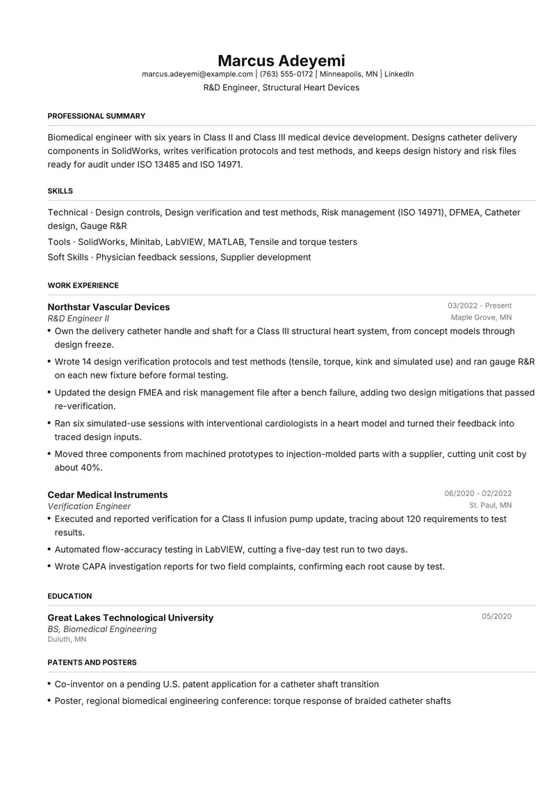 Biomedical Engineer resume template sample in FAANGPath, page 1: fictional R&D Engineer, Structural Heart Devices