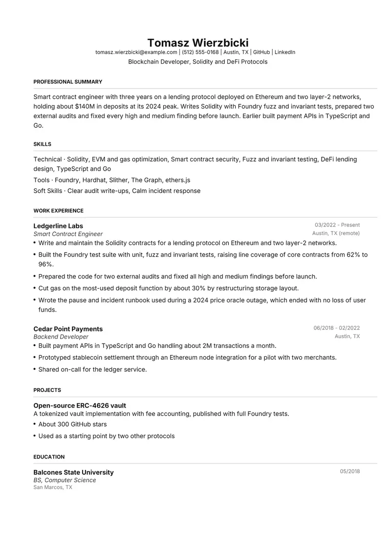 Blockchain Developer resume template sample in FAANGPath, page 1: fictional Blockchain Developer, Solidity and DeFi Protocols
