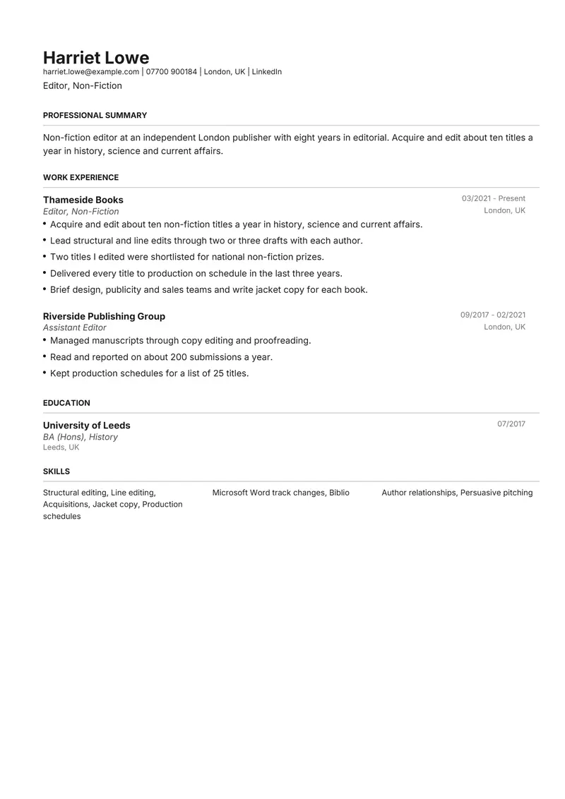 Book Editor resume template sample in Henrietta, page 1: fictional Editor, Non-Fiction