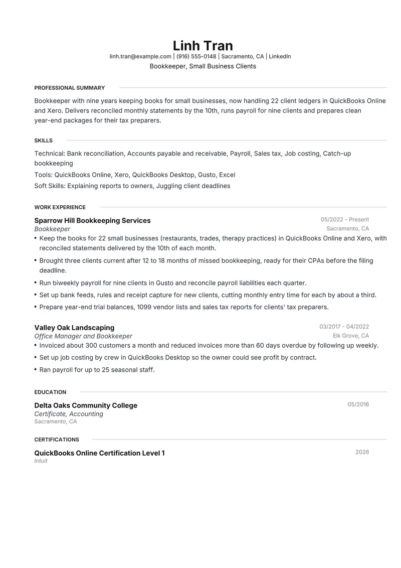 Bookkeeper resume template sample in Meridian, page 1: fictional Bookkeeper, Small Business Clients