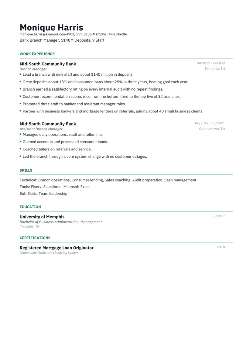 Branch Manager resume template sample in Catalyst, page 1: fictional Bank Branch Manager, $140M Deposits, 9 Staff