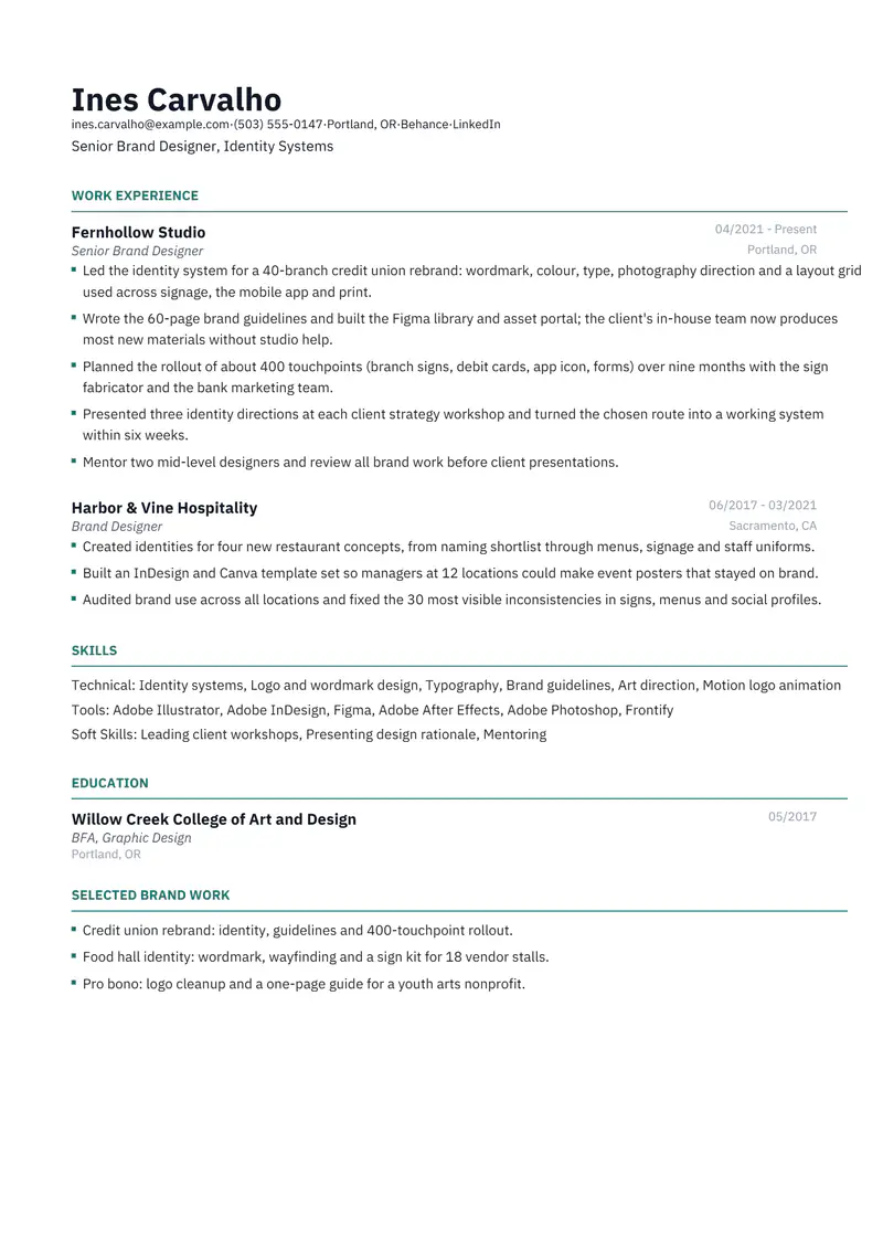 Brand Designer resume template sample in Catalyst, page 1: fictional Senior Brand Designer, Identity Systems