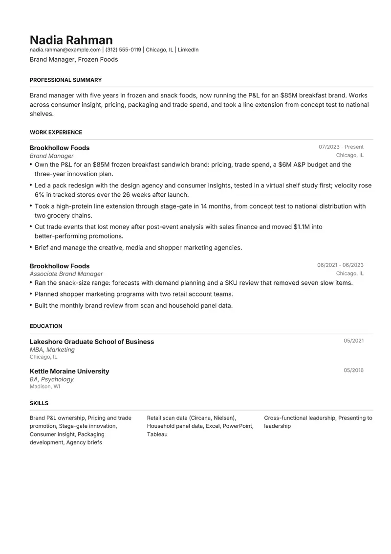 Brand Manager resume template sample in Henrietta, page 1: fictional Brand Manager, Frozen Foods