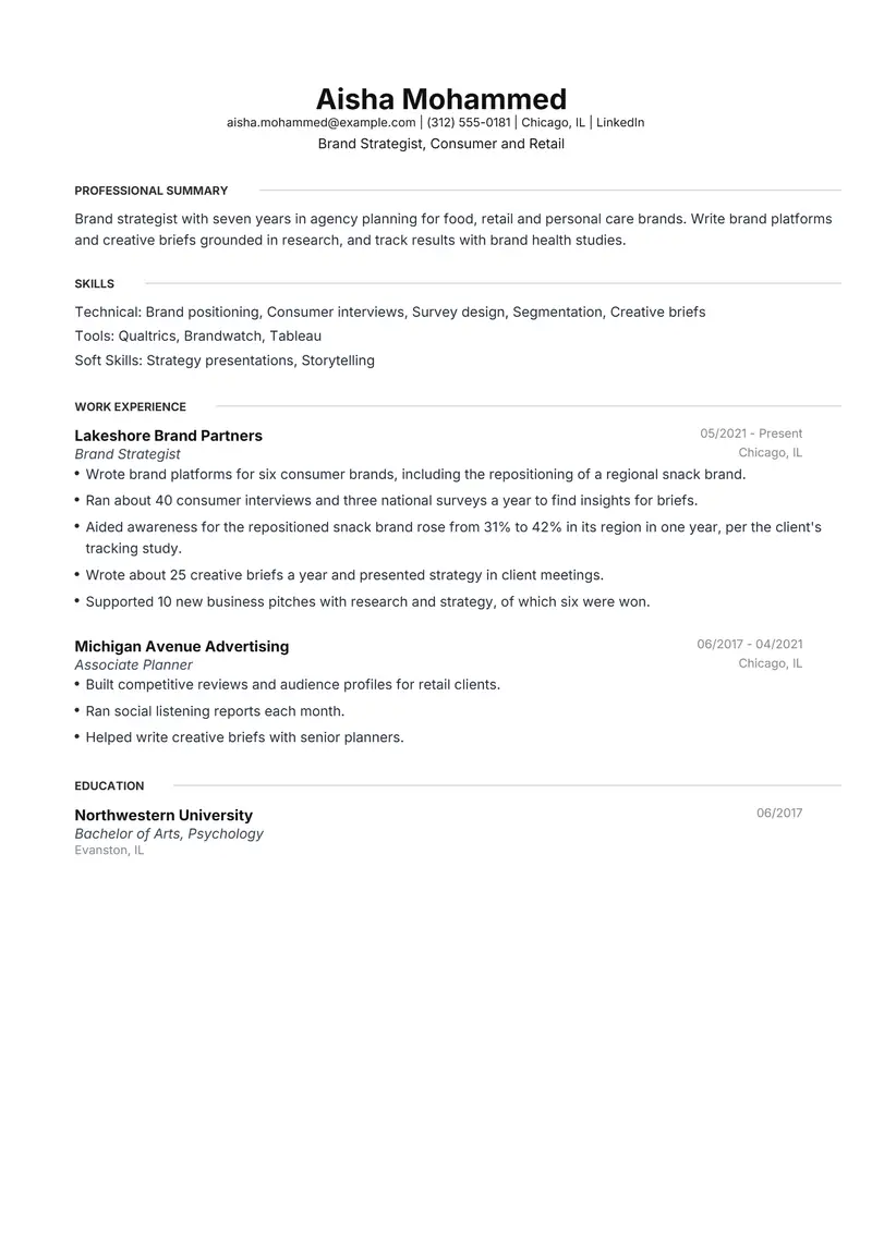 Brand Strategist resume template sample in Meridian, page 1: fictional Brand Strategist, Consumer and Retail