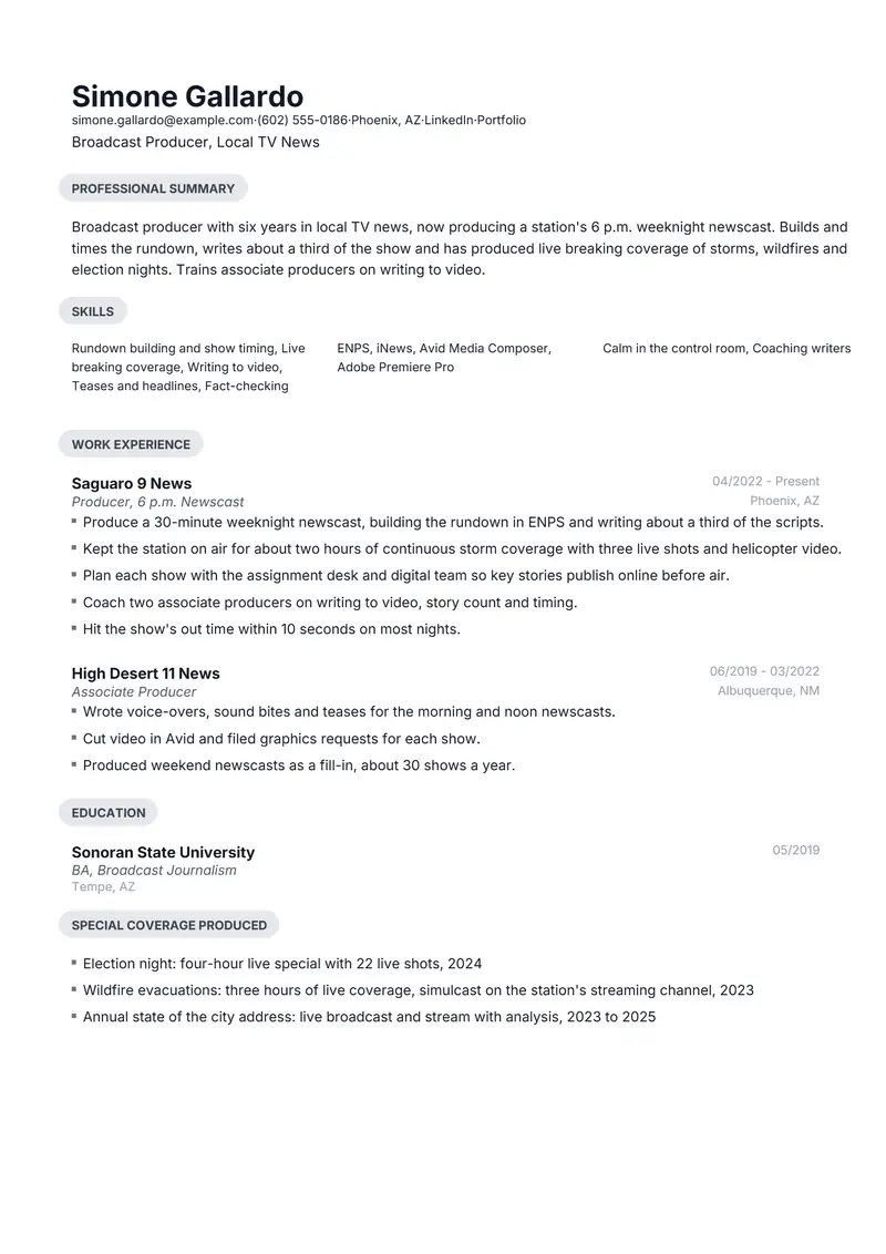 Broadcast Producer resume template sample in Daniel, page 1: fictional Broadcast Producer, Local TV News