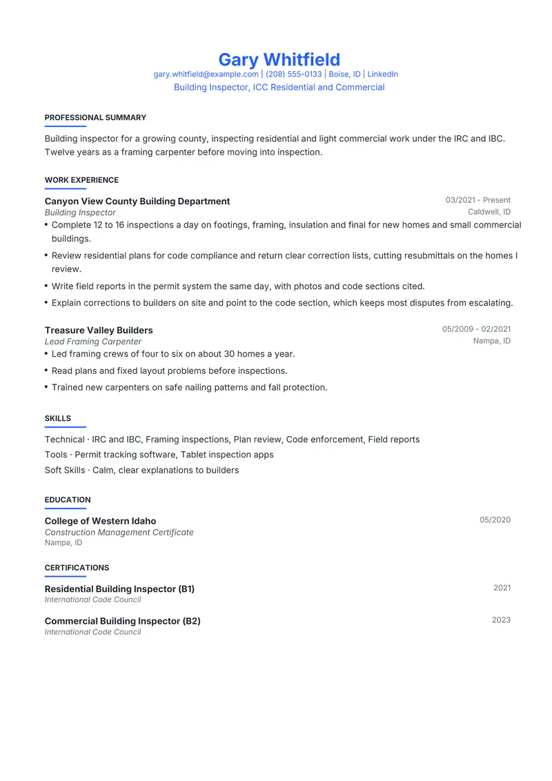 Building Inspector resume template sample in Leslie, page 1: fictional Building Inspector, ICC Residential and Commercial