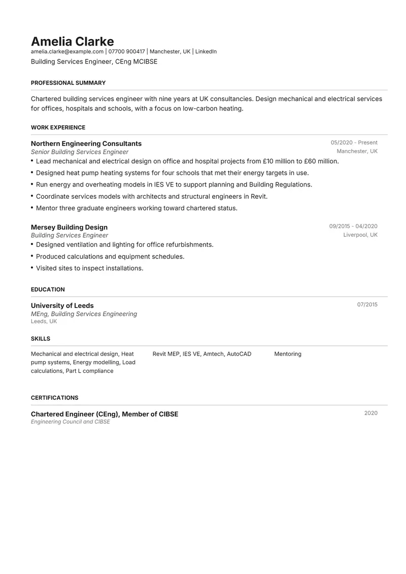 Building Services Engineer resume template sample in Henrietta, page 1: fictional Building Services Engineer, CEng MCIBSE