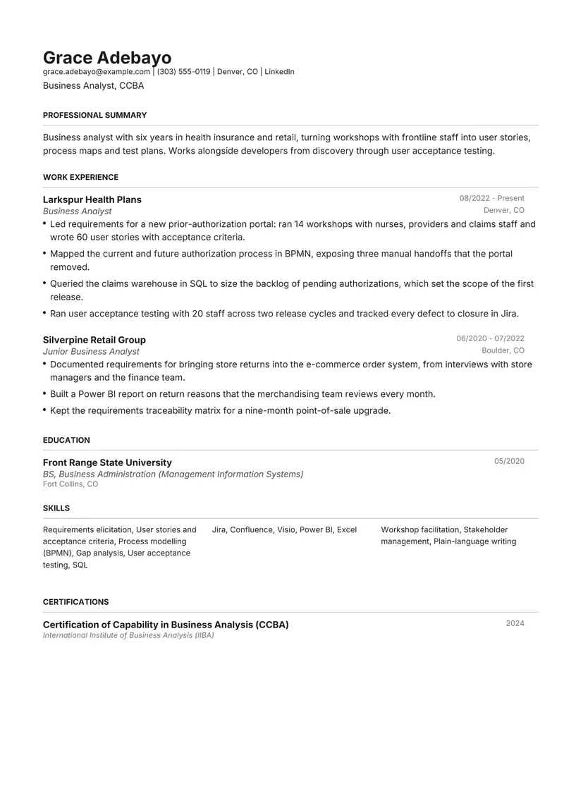 Business Analyst resume template sample in Henrietta, page 1: fictional Business Analyst, CCBA