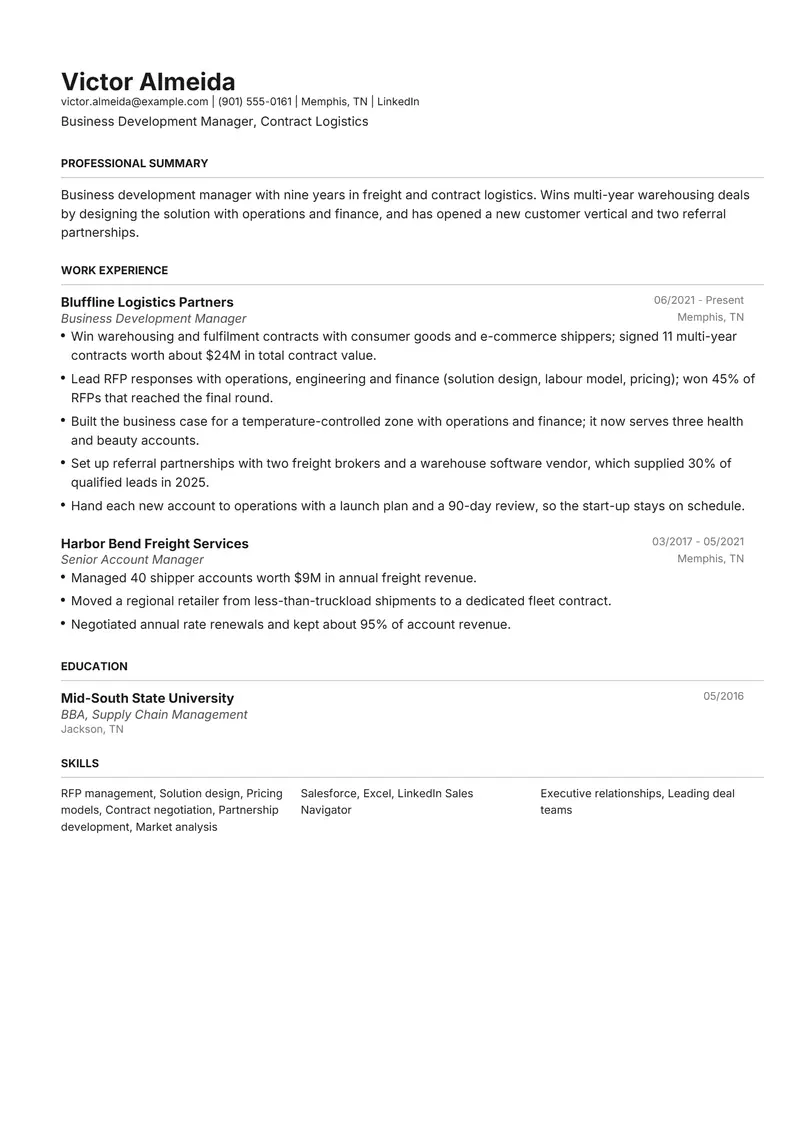 Business Development Manager resume template sample in Henrietta, page 1: fictional Business Development Manager, Contract Logistics