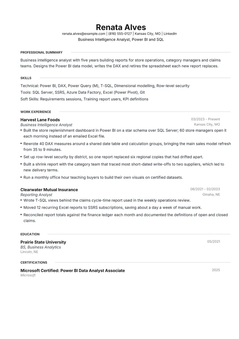 Business Intelligence Analyst resume template sample in Meridian, page 1: fictional Business Intelligence Analyst, Power BI and SQL