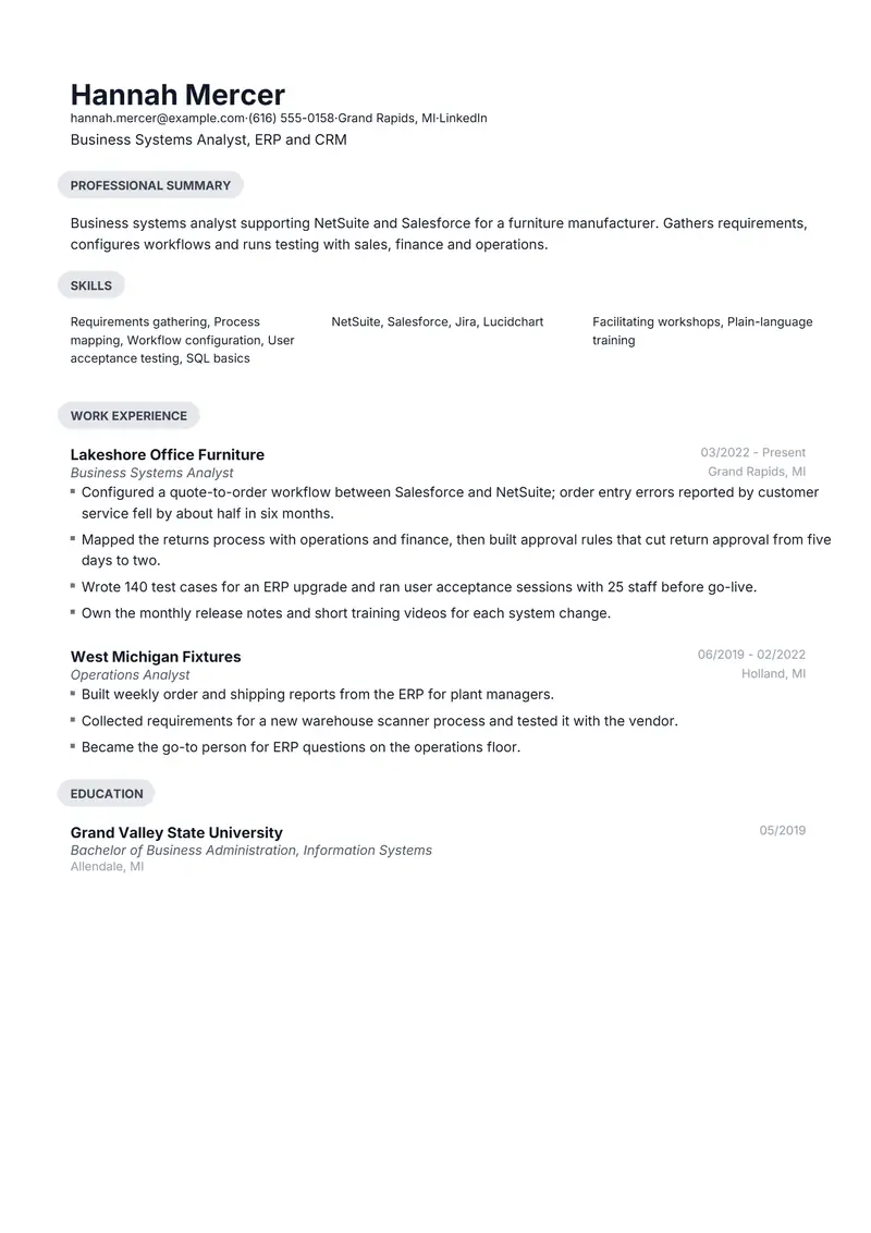 Business Systems Analyst resume template sample in Daniel, page 1: fictional Business Systems Analyst, ERP and CRM